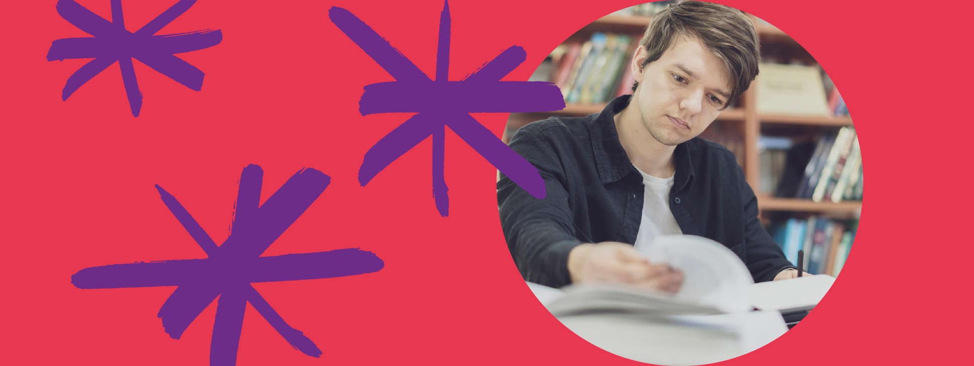 Circular image of male studying for exams. Image includes Oxford Revise branding
